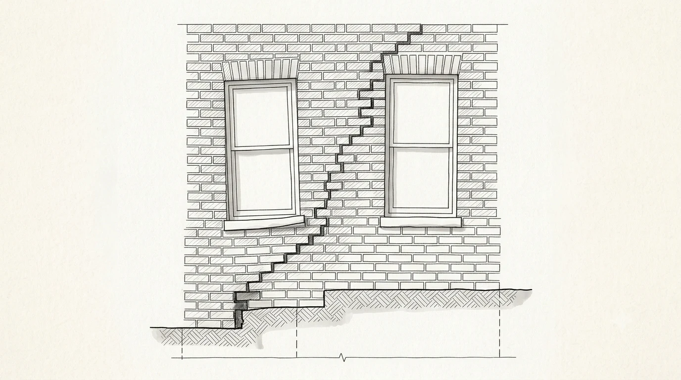 Disegno tecnico: facciata in laterizio con due vani finestra disallineati e lesione a gradini ascendente; il piano di fondazione presenta un gradino di abbassamento