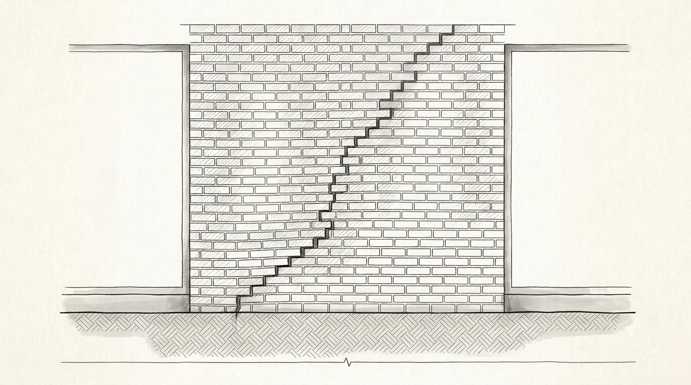 Disegno tecnico: maschio murario in laterizio fra due aperture, con lesione a gradini inclinata a 45° che segue i giunti di malta; base e fondazione integre