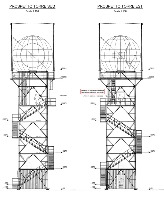 Estratto della tavola esecutiva con i prospetti della torre di Aranova